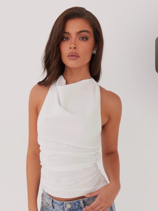 Peppermayo Tops - Peppermayo White Linen Halter Neck Ruched Tank Top